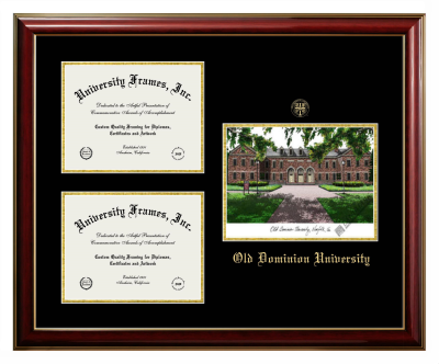 Triple Opening with Campus Image Frame in Classic Mahogany with Gold Trim with Black & Gold Mats for DOCUMENT: 8 1/2"H X 11"W  , DOCUMENT: 8 1/2"H X 11"W  