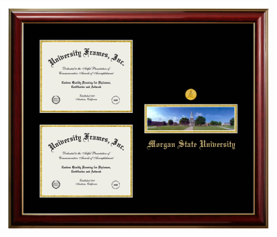 Triple Opening with Campus Image Frame in Classic Mahogany with Gold Trim with Black & Gold Mats for DOCUMENT: 8 1/2"H X 11"W  , DOCUMENT: 8 1/2"H X 11"W  