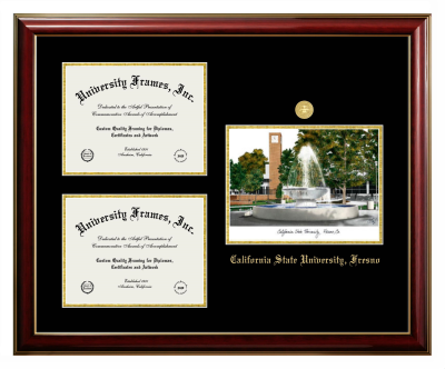 Triple Opening with Campus Image Frame in Classic Mahogany with Gold Trim with Black & Gold Mats for DOCUMENT: 8 1/2"H X 11"W  , DOCUMENT: 8 1/2"H X 11"W  