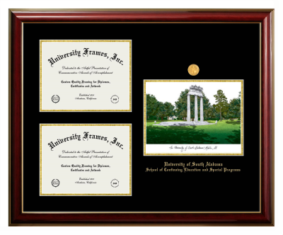 Triple Opening with Campus Image Frame in Classic Mahogany with Gold Trim with Black & Gold Mats for DOCUMENT: 8 1/2"H X 11"W  , DOCUMENT: 8 1/2"H X 11"W  