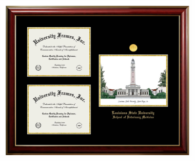 Triple Opening with Campus Image Frame in Classic Mahogany with Gold Trim with Black & Gold Mats for DOCUMENT: 8 1/2"H X 11"W  , DOCUMENT: 8 1/2"H X 11"W  