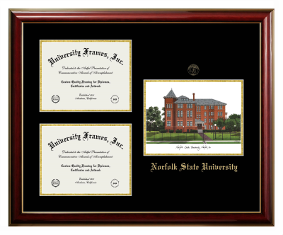 Triple Opening with Campus Image Frame in Classic Mahogany with Gold Trim with Black & Gold Mats for DOCUMENT: 8 1/2"H X 11"W  , DOCUMENT: 8 1/2"H X 11"W  