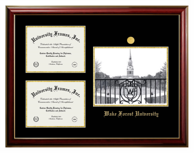 Triple Opening with Campus Image Frame in Classic Mahogany with Gold Trim with Black & Gold Mats for DOCUMENT: 8 1/2"H X 11"W  , DOCUMENT: 8 1/2"H X 11"W  