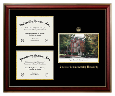 Triple Opening with Campus Image Frame in Classic Mahogany with Gold Trim with Black & Gold Mats for DOCUMENT: 8 1/2"H X 11"W  , DOCUMENT: 8 1/2"H X 11"W  