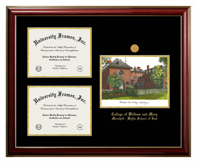 Triple Opening with Campus Image Frame in Classic Mahogany with Gold Trim with Black & Gold Mats for DOCUMENT: 8 1/2"H X 11"W  , DOCUMENT: 8 1/2"H X 11"W  