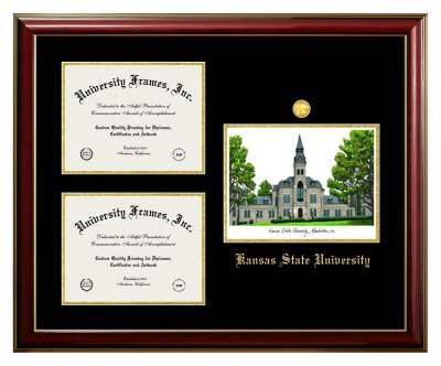 Kansas State University Triple Opening with Campus Image Frame in Classic Mahogany with Gold Trim with Black & Gold Mats for DOCUMENT: 8 1/2"H X 11"W  , DOCUMENT: 8 1/2"H X 11"W  