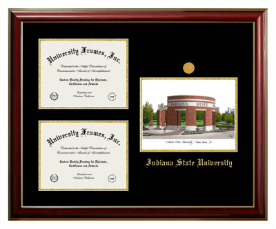 Triple Opening with Campus Image Frame in Classic Mahogany with Gold Trim with Black & Gold Mats for DOCUMENT: 8 1/2"H X 11"W  , DOCUMENT: 8 1/2"H X 11"W  