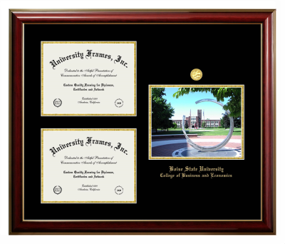 Triple Opening with Campus Image Frame in Classic Mahogany with Gold Trim with Black & Gold Mats for DOCUMENT: 8 1/2"H X 11"W  , DOCUMENT: 8 1/2"H X 11"W  