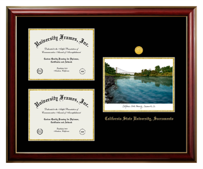 Triple Opening with Campus Image Frame in Classic Mahogany with Gold Trim with Black & Gold Mats for DOCUMENT: 8 1/2"H X 11"W  , DOCUMENT: 8 1/2"H X 11"W  