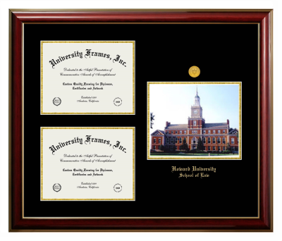 Triple Opening with Campus Image Frame in Classic Mahogany with Gold Trim with Black & Gold Mats for DOCUMENT: 8 1/2"H X 11"W  , DOCUMENT: 8 1/2"H X 11"W  