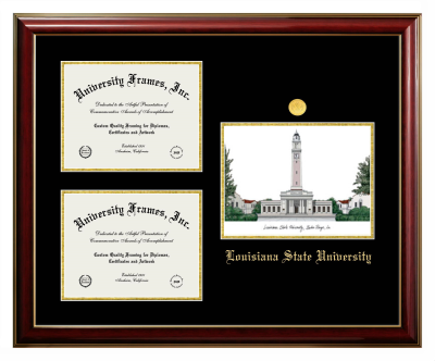 Louisiana State University Triple Opening with Campus Image Frame in Classic Mahogany with Gold Trim with Black & Gold Mats for DOCUMENT: 8 1/2"H X 11"W  , DOCUMENT: 8 1/2"H X 11"W  