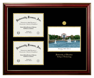 Triple Opening with Campus Image Frame in Classic Mahogany with Gold Trim with Black & Gold Mats for DOCUMENT: 8 1/2"H X 11"W  , DOCUMENT: 8 1/2"H X 11"W  