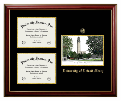 Triple Opening with Campus Image Frame in Classic Mahogany with Gold Trim with Black & Gold Mats for DOCUMENT: 8 1/2"H X 11"W  , DOCUMENT: 8 1/2"H X 11"W  