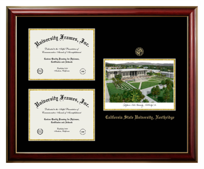 Triple Opening with Campus Image Frame in Classic Mahogany with Gold Trim with Black & Gold Mats for DOCUMENT: 8 1/2"H X 11"W  , DOCUMENT: 8 1/2"H X 11"W  