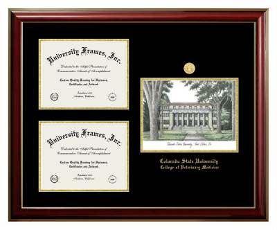 Triple Opening with Campus Image Frame in Classic Mahogany with Gold Trim with Black & Gold Mats for DOCUMENT: 8 1/2"H X 11"W  , DOCUMENT: 8 1/2"H X 11"W  