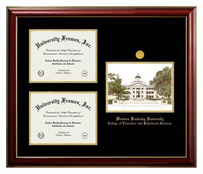 Triple Opening with Campus Image Frame in Classic Mahogany with Gold Trim with Black & Gold Mats for DOCUMENT: 8 1/2"H X 11"W  , DOCUMENT: 8 1/2"H X 11"W  