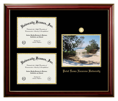 Triple Opening with Campus Image Frame in Classic Mahogany with Gold Trim with Black & Gold Mats for DOCUMENT: 8 1/2"H X 11"W  , DOCUMENT: 8 1/2"H X 11"W  