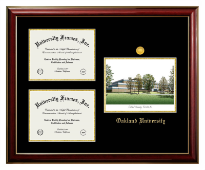 Triple Opening with Campus Image Frame in Classic Mahogany with Gold Trim with Black & Gold Mats for DOCUMENT: 8 1/2"H X 11"W  , DOCUMENT: 8 1/2"H X 11"W  