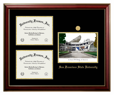 Triple Opening with Campus Image Frame in Classic Mahogany with Gold Trim with Black & Gold Mats for DOCUMENT: 8 1/2"H X 11"W  , DOCUMENT: 8 1/2"H X 11"W  