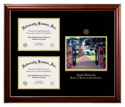 Triple Opening with Campus Image Frame in Classic Mahogany with Gold Trim with Black & Gold Mats for DOCUMENT: 8 1/2"H X 11"W  , DOCUMENT: 8 1/2"H X 11"W  