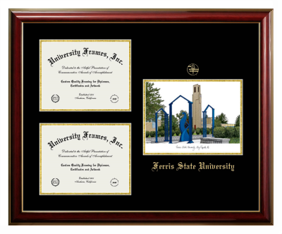 Triple Opening with Campus Image Frame in Classic Mahogany with Gold Trim with Black & Gold Mats for DOCUMENT: 8 1/2"H X 11"W  , DOCUMENT: 8 1/2"H X 11"W  