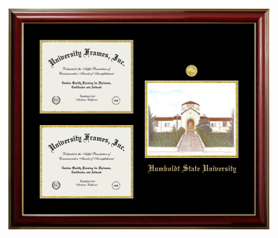 Triple Opening with Campus Image Frame in Classic Mahogany with Gold Trim with Black & Gold Mats for DOCUMENT: 8 1/2"H X 11"W  , DOCUMENT: 8 1/2"H X 11"W  