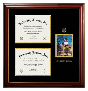 Triple Opening with Campus Image Frame in Classic Mahogany with Gold Trim with Black & Gold Mats for DOCUMENT: 8 1/2"H X 11"W  , DOCUMENT: 8 1/2"H X 11"W  