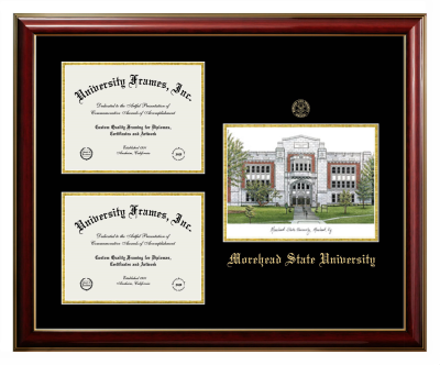 Morehead State University Triple Opening with Campus Image Frame in Classic Mahogany with Gold Trim with Black & Gold Mats for DOCUMENT: 8 1/2"H X 11"W  , DOCUMENT: 8 1/2"H X 11"W  