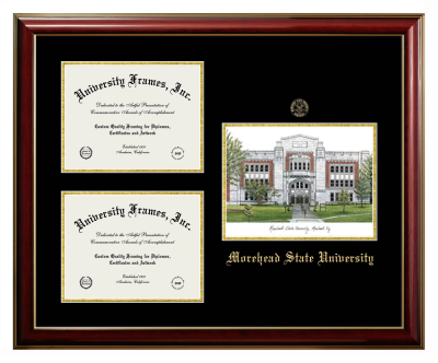 Triple Opening with Campus Image Frame in Classic Mahogany with Gold Trim with Black & Gold Mats for DOCUMENT: 8 1/2"H X 11"W  , DOCUMENT: 8 1/2"H X 11"W  