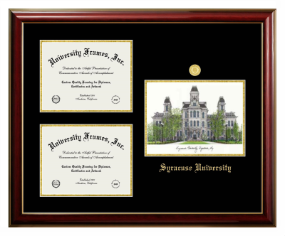 Triple Opening with Campus Image Frame in Classic Mahogany with Gold Trim with Black & Gold Mats for DOCUMENT: 8 1/2"H X 11"W  , DOCUMENT: 8 1/2"H X 11"W  