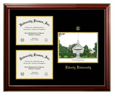 Liberty University Triple Opening with Campus Image Frame in Classic Mahogany with Gold Trim with Black & Gold Mats for DOCUMENT: 8 1/2"H X 11"W  , DOCUMENT: 8 1/2"H X 11"W  