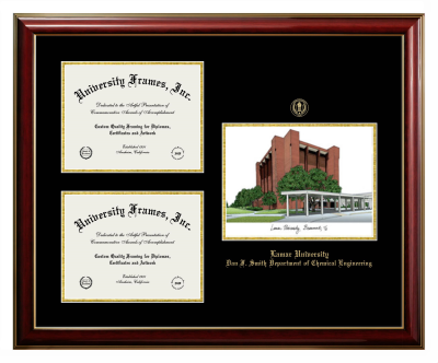 Triple Opening with Campus Image Frame in Classic Mahogany with Gold Trim with Black & Gold Mats for DOCUMENT: 8 1/2"H X 11"W  , DOCUMENT: 8 1/2"H X 11"W  