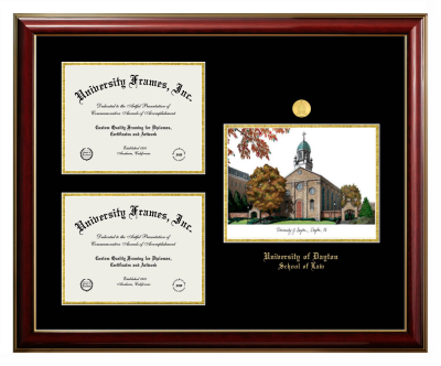 Triple Opening with Campus Image Frame in Classic Mahogany with Gold Trim with Black & Gold Mats for DOCUMENT: 8 1/2"H X 11"W  , DOCUMENT: 8 1/2"H X 11"W  