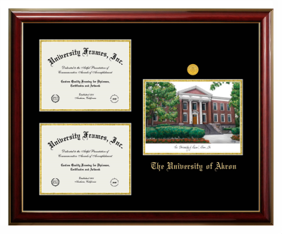 Triple Opening with Campus Image Frame in Classic Mahogany with Gold Trim with Black & Gold Mats for DOCUMENT: 8 1/2"H X 11"W  , DOCUMENT: 8 1/2"H X 11"W  