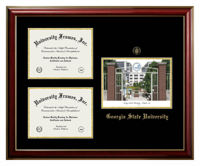 Triple Opening with Campus Image Frame in Classic Mahogany with Gold Trim with Black & Gold Mats for DOCUMENT: 8 1/2"H X 11"W  , DOCUMENT: 8 1/2"H X 11"W  