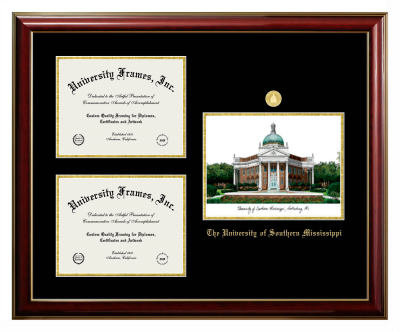 Triple Opening with Campus Image Frame in Classic Mahogany with Gold Trim with Black & Gold Mats for DOCUMENT: 8 1/2"H X 11"W  , DOCUMENT: 8 1/2"H X 11"W  