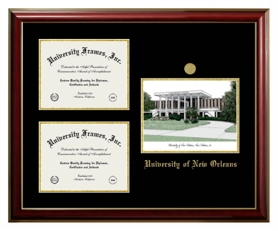 Triple Opening with Campus Image Frame in Classic Mahogany with Gold Trim with Black & Gold Mats for DOCUMENT: 8 1/2"H X 11"W  , DOCUMENT: 8 1/2"H X 11"W  