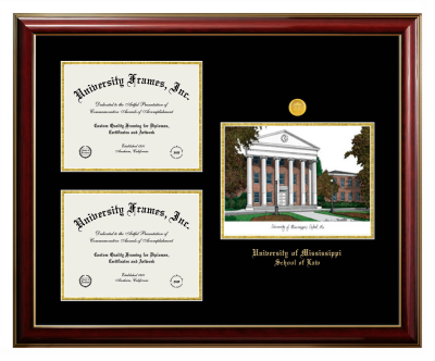 Triple Opening with Campus Image Frame in Classic Mahogany with Gold Trim with Black & Gold Mats for DOCUMENT: 8 1/2"H X 11"W  , DOCUMENT: 8 1/2"H X 11"W  