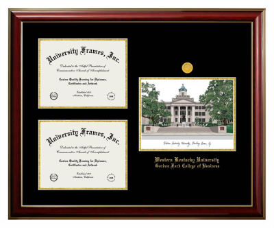 Triple Opening with Campus Image Frame in Classic Mahogany with Gold Trim with Black & Gold Mats for DOCUMENT: 8 1/2"H X 11"W  , DOCUMENT: 8 1/2"H X 11"W  