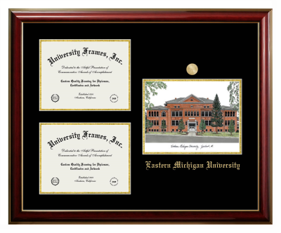 Triple Opening with Campus Image Frame in Classic Mahogany with Gold Trim with Black & Gold Mats for DOCUMENT: 8 1/2"H X 11"W  , DOCUMENT: 8 1/2"H X 11"W  