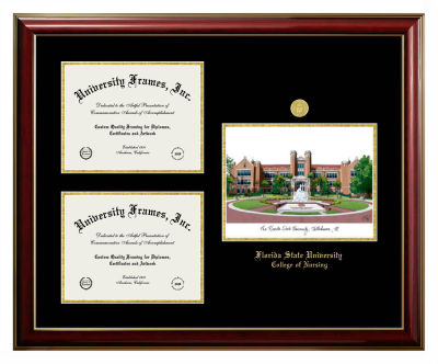 Triple Opening with Campus Image Frame in Classic Mahogany with Gold Trim with Black & Gold Mats for DOCUMENT: 8 1/2"H X 11"W  , DOCUMENT: 8 1/2"H X 11"W  