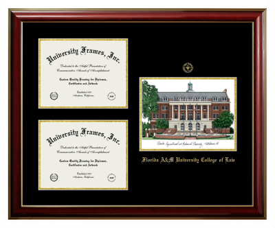 Triple Opening with Campus Image Frame in Classic Mahogany with Gold Trim with Black & Gold Mats for DOCUMENT: 8 1/2"H X 11"W  , DOCUMENT: 8 1/2"H X 11"W  