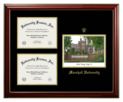 Marshall University Triple Opening with Campus Image Frame in Classic Mahogany with Gold Trim with Black & Gold Mats for DOCUMENT: 8 1/2"H X 11"W  , DOCUMENT: 8 1/2"H X 11"W  