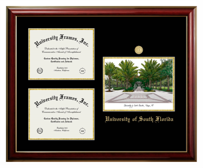 Triple Opening with Campus Image Frame in Classic Mahogany with Gold Trim with Black & Gold Mats for DOCUMENT: 8 1/2"H X 11"W  , DOCUMENT: 8 1/2"H X 11"W  