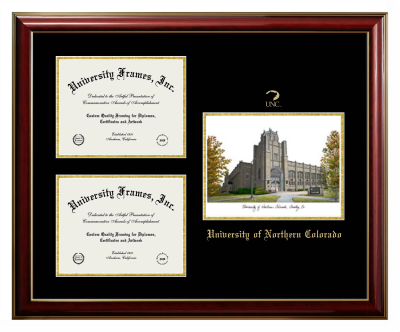 Triple Opening with Campus Image Frame in Classic Mahogany with Gold Trim with Black & Gold Mats for DOCUMENT: 8 1/2"H X 11"W  , DOCUMENT: 8 1/2"H X 11"W  