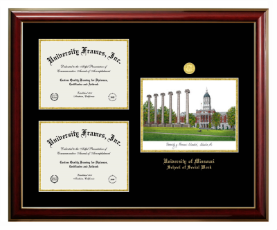 Triple Opening with Campus Image Frame in Classic Mahogany with Gold Trim with Black & Gold Mats for DOCUMENT: 8 1/2"H X 11"W  , DOCUMENT: 8 1/2"H X 11"W  