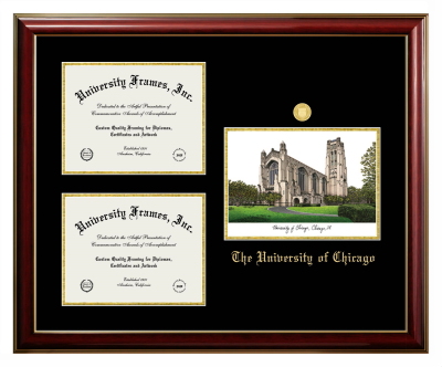 Triple Opening with Campus Image Frame in Classic Mahogany with Gold Trim with Black & Gold Mats for DOCUMENT: 8 1/2"H X 11"W  , DOCUMENT: 8 1/2"H X 11"W  