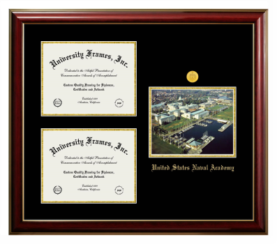 Triple Opening with Campus Image Frame in Classic Mahogany with Gold Trim with Black & Gold Mats for DOCUMENT: 8 1/2"H X 11"W  , DOCUMENT: 8 1/2"H X 11"W  