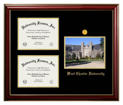 Triple Opening with Campus Image Frame in Classic Mahogany with Gold Trim with Black & Gold Mats for DOCUMENT: 8 1/2"H X 11"W  , DOCUMENT: 8 1/2"H X 11"W  