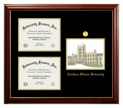 Triple Opening with Campus Image Frame in Classic Mahogany with Gold Trim with Black & Gold Mats for DOCUMENT: 8 1/2"H X 11"W  , DOCUMENT: 8 1/2"H X 11"W  